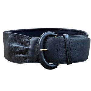 Wide ruched black leather belt with a covered buckle